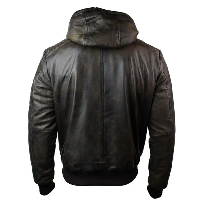 Mens Brown Washed Distressed Removable Hood Bomber Leather Jacket Quilted - Image 7