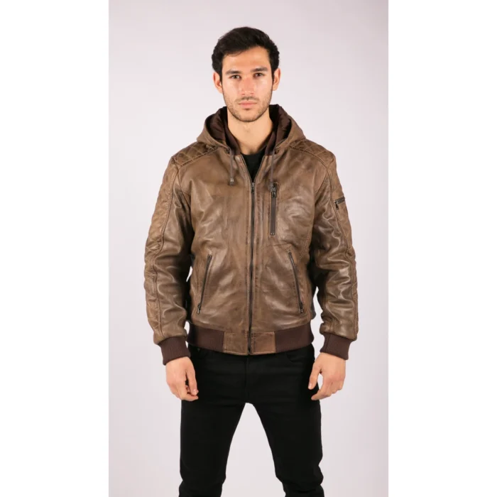 Mens Brown Washed Distressed Removable Hood Bomber Leather Jacket Quilted - Image 2