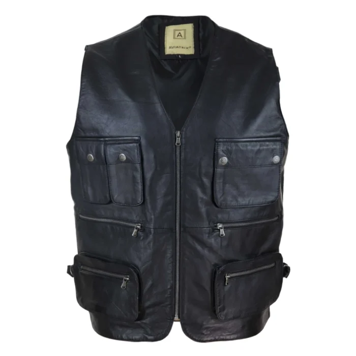 Mens Black Real Leather Fisherman Waistcoat Multi Pocket Combat Fishing Hunting - Image 1
