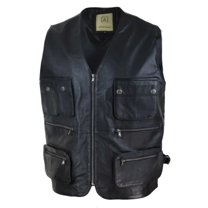 Mens Black Real Leather Fisherman Waistcoat Multi Pocket Combat Fishing Hunting - Image 2