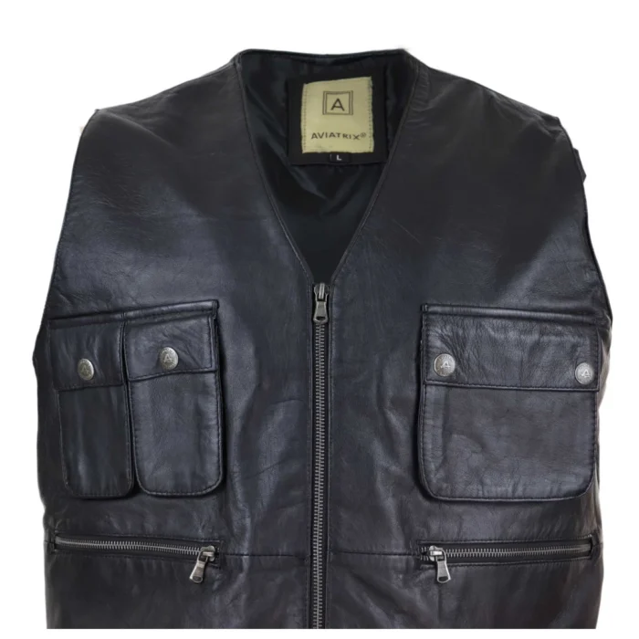 Mens Black Real Leather Fisherman Waistcoat Multi Pocket Combat Fishing Hunting - Image 3
