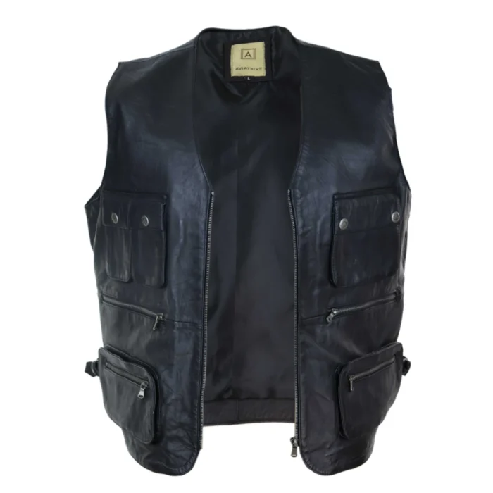 Mens Black Real Leather Fisherman Waistcoat Multi Pocket Combat Fishing Hunting - Image 4