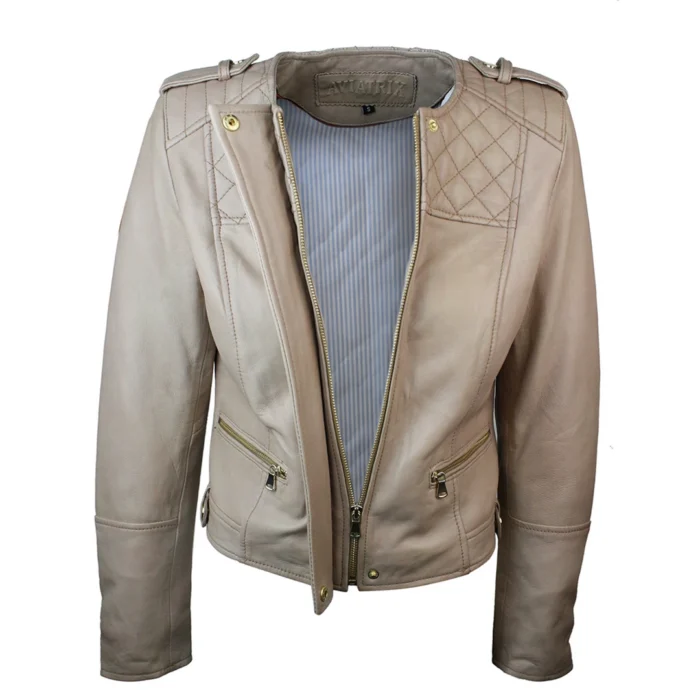 Ladies Cream Biker Style Fitted Real Lambskin Leather Jacket - Image 5
