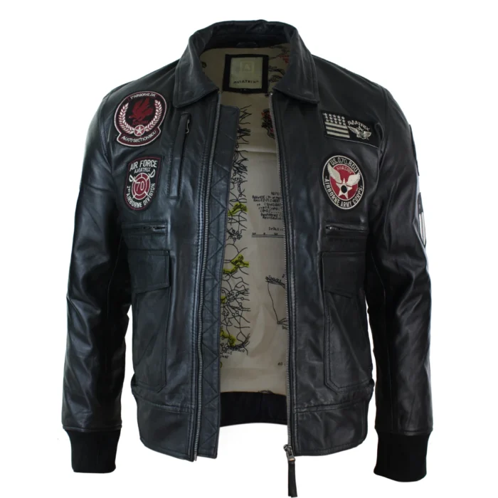 Mens Real Leather Black Bomber Badge Air Force Pilot Flying Jacket - Image 2
