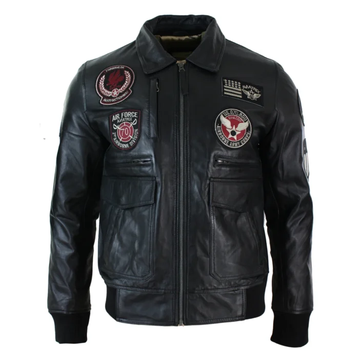 Mens Real Leather Black Bomber Badge Air Force Pilot Flying Jacket - Image 1