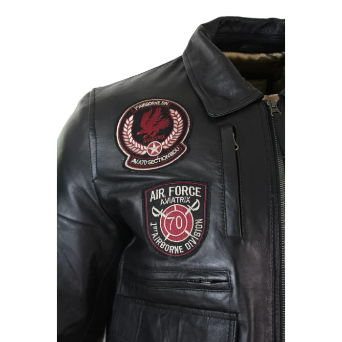 Mens Real Leather Black Bomber Badge Air Force Pilot Flying Jacket - Image 9