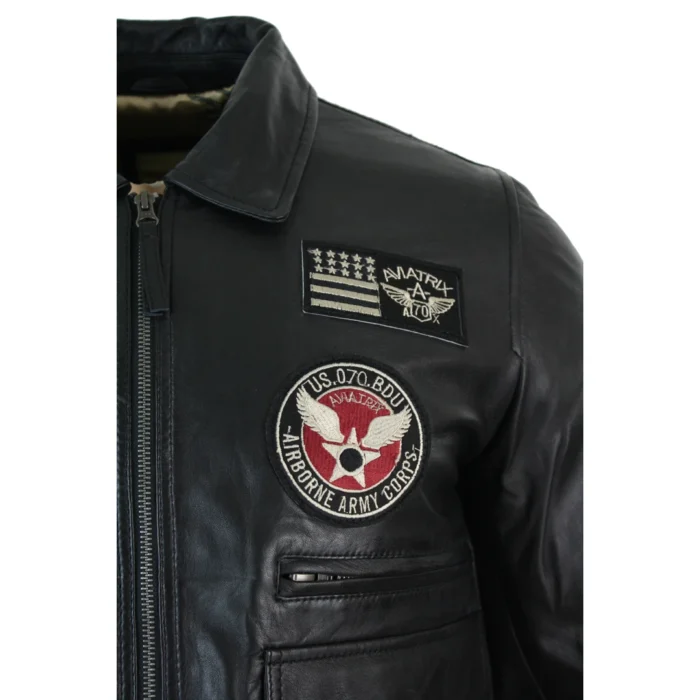Mens Real Leather Black Bomber Badge Air Force Pilot Flying Jacket - Image 8