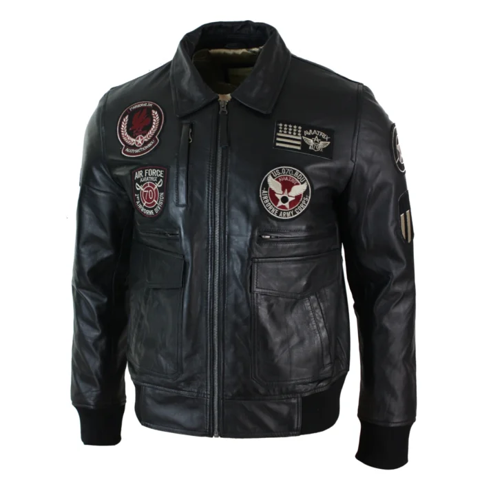 Mens Real Leather Black Bomber Badge Air Force Pilot Flying Jacket - Image 7