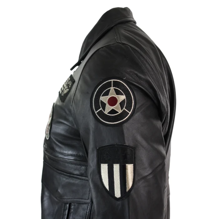 Mens Real Leather Black Bomber Badge Air Force Pilot Flying Jacket - Image 6
