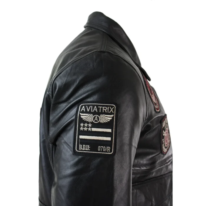Mens Real Leather Black Bomber Badge Air Force Pilot Flying Jacket - Image 4