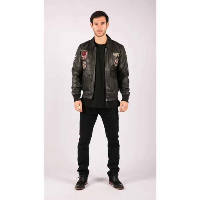 Mens Real Leather Black Bomber Badge Air Force Pilot Flying Jacket - Image 3