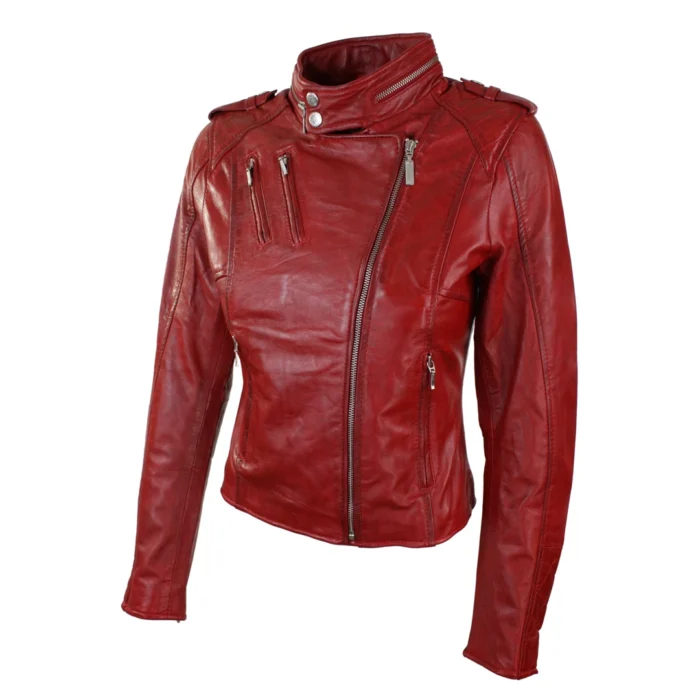 Ladies Women Genuine Real Leather Slim Fit Red Biker Jacket Velvet Lining - Image 15