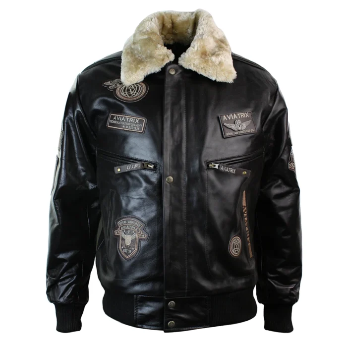 Mens Real Leather Jacket Bomber Aviator Style Badge Design Brown - Image 1
