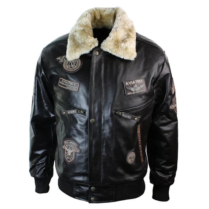 Mens Real Leather Jacket Bomber Aviator Style Badge Design Brown - Image 2
