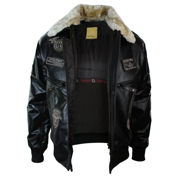 Mens Real Leather Jacket Bomber Aviator Style Badge Design Brown - Image 8