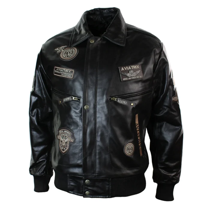 Mens Real Leather Jacket Bomber Aviator Style Badge Design Brown - Image 7