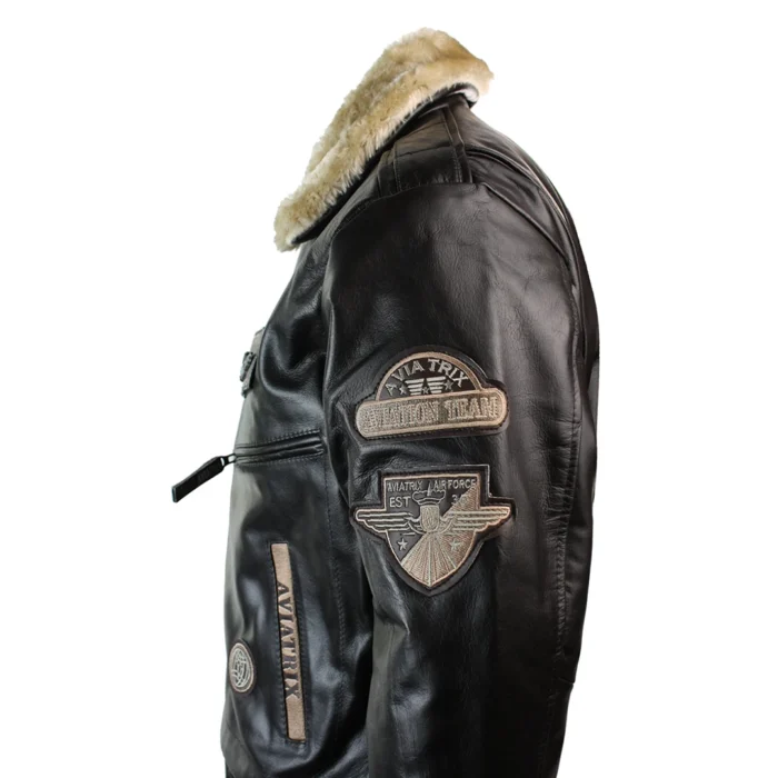 Mens Real Leather Jacket Bomber Aviator Style Badge Design Brown - Image 5