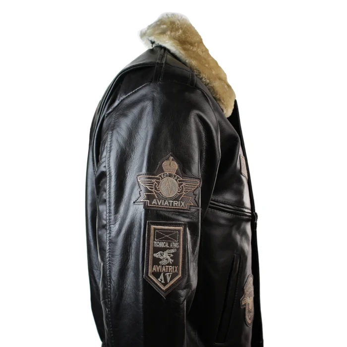 Mens Real Leather Jacket Bomber Aviator Style Badge Design Brown - Image 4