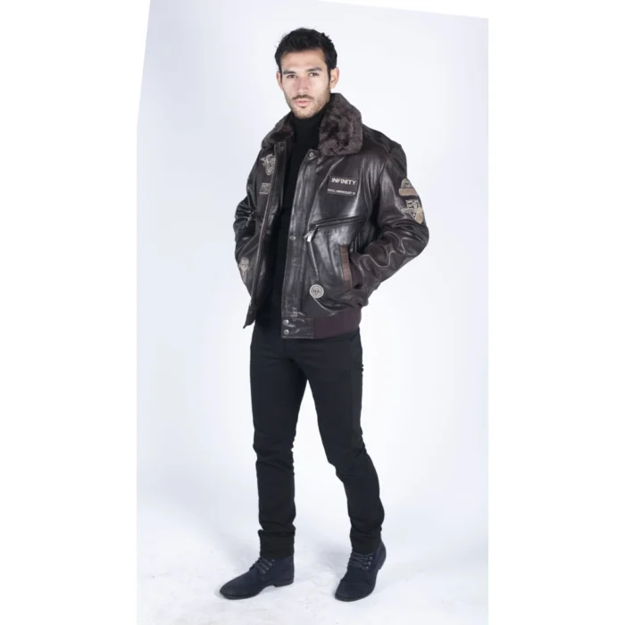 Mens Real Leather Jacket Bomber Aviator Style Badge Design Brown - Image 3