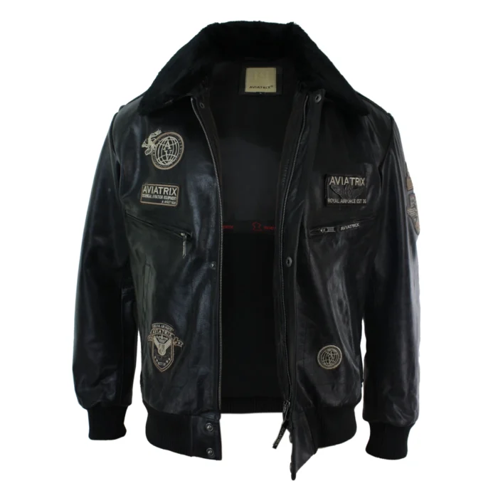 Mens Black Real Leather Bomber Aviator Badge Design Pilot Jacket Removable Fur Collar - Image 2