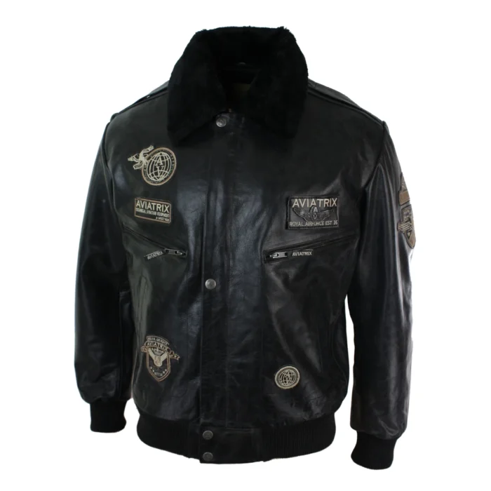 Mens Black Real Leather Bomber Aviator Badge Design Pilot Jacket Removable Fur Collar - Image 1