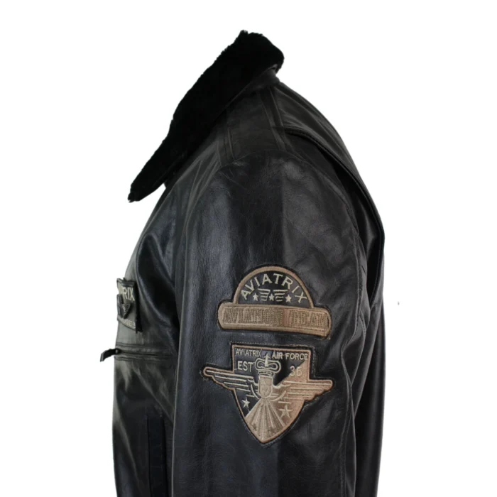 Mens Black Real Leather Bomber Aviator Badge Design Pilot Jacket Removable Fur Collar - Image 6