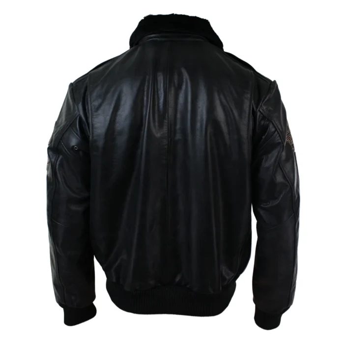 Mens Black Real Leather Bomber Aviator Badge Design Pilot Jacket Removable Fur Collar - Image 5