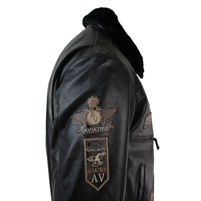 Mens Black Real Leather Bomber Aviator Badge Design Pilot Jacket Removable Fur Collar - Image 4