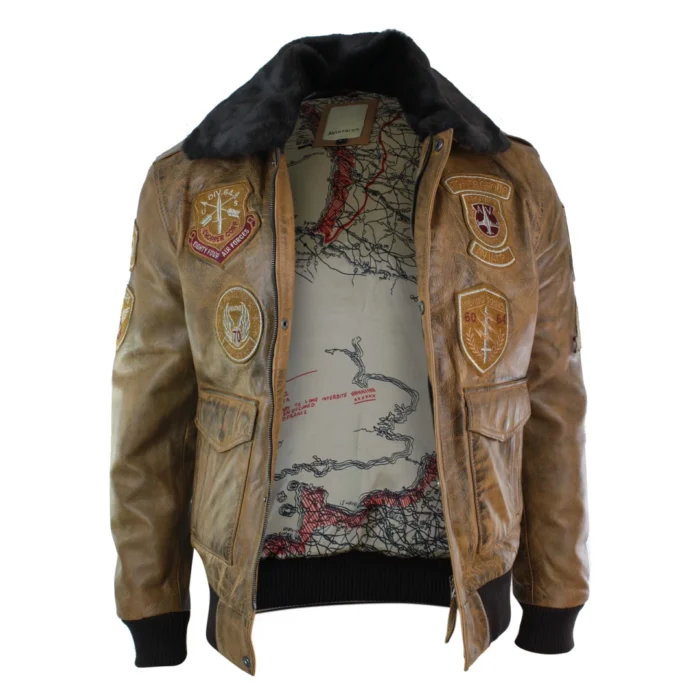 Mens Aviator Flying Pilot Bomber Jacket Vintage Tan Removable Black Fur Collar - Image 3
