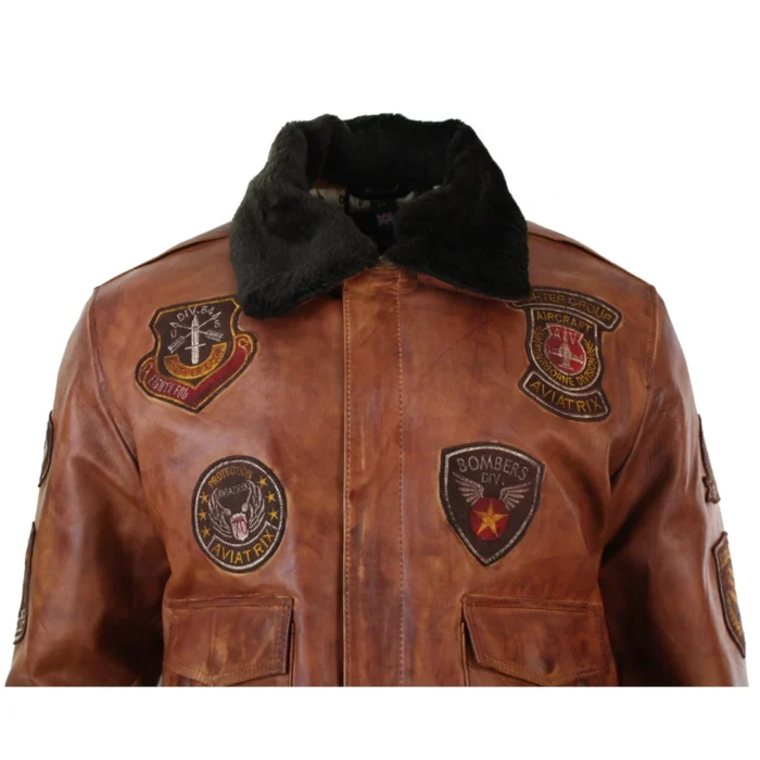 Mens Aviator Flying Pilot Bomber Jacket Vintage Tan Removable Black Fur Collar - Image 10