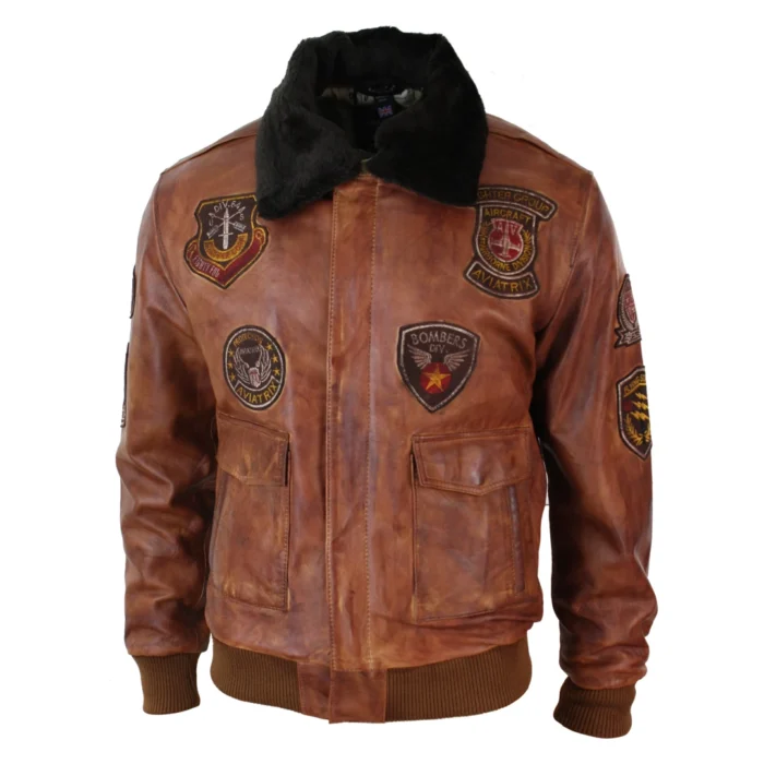 Mens Aviator Flying Pilot Bomber Jacket Vintage Tan Removable Black Fur Collar - Image 8