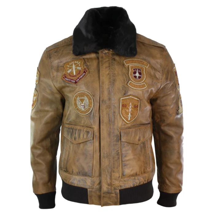 Mens Aviator Flying Pilot Bomber Jacket Vintage Tan Removable Black Fur Collar - Image 1
