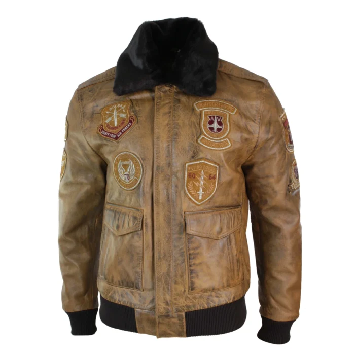 Mens Aviator Flying Pilot Bomber Jacket Vintage Tan Removable Black Fur Collar - Image 2