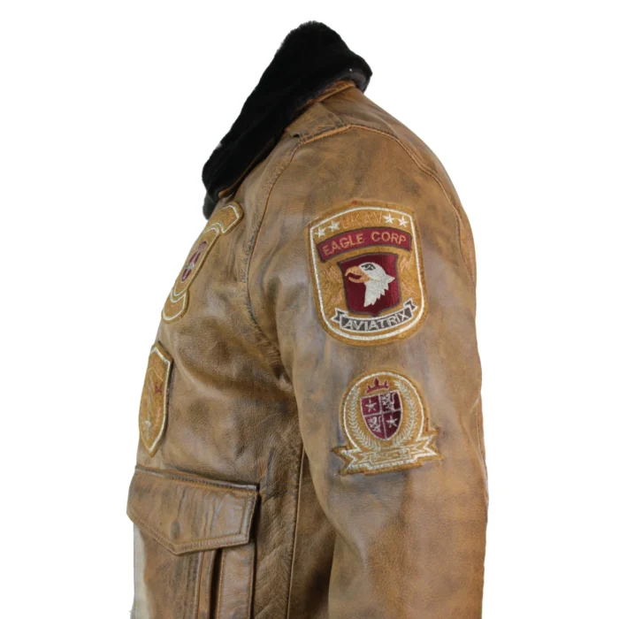 Mens Aviator Flying Pilot Bomber Jacket Vintage Tan Removable Black Fur Collar - Image 4