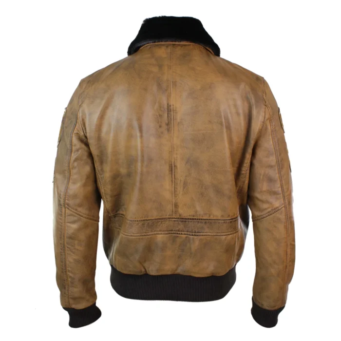 Mens Aviator Flying Pilot Bomber Jacket Vintage Tan Removable Black Fur Collar - Image 5