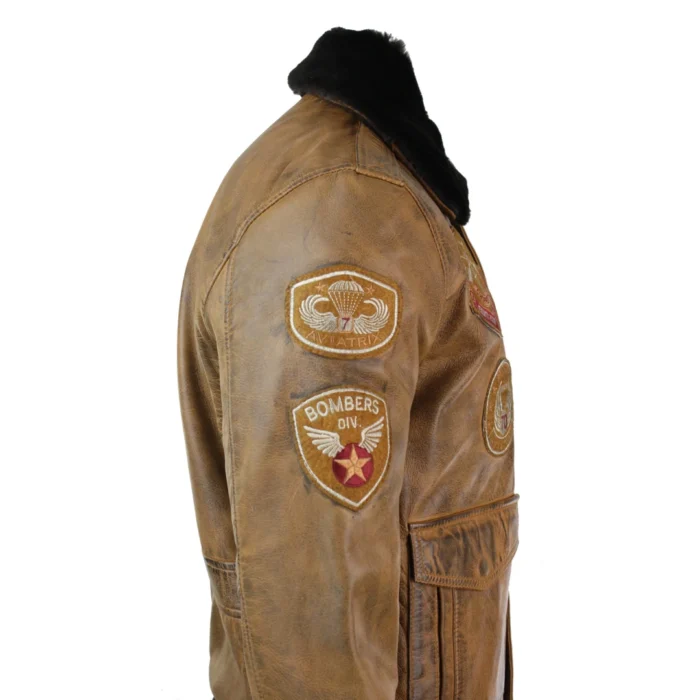 Mens Aviator Flying Pilot Bomber Jacket Vintage Tan Removable Black Fur Collar - Image 6