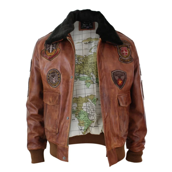 Mens Aviator Flying Pilot Bomber Jacket Vintage Tan Removable Black Fur Collar - Image 9