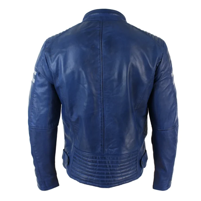 Mens Real Leather Biker Racing Jacket Red Stripes Zip Retro Casual Black Short - Image 11