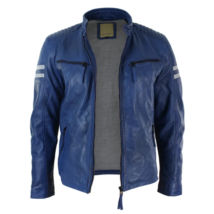 Mens Real Leather Biker Racing Jacket Red Stripes Zip Retro Casual Black Short - Image 10
