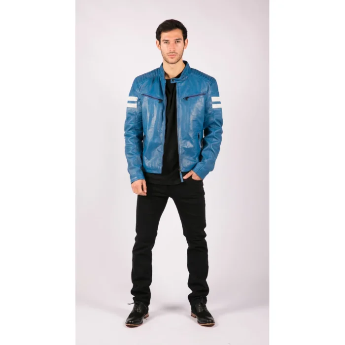 Mens Real Leather Biker Racing Jacket Red Stripes Zip Retro Casual Black Short - Image 9