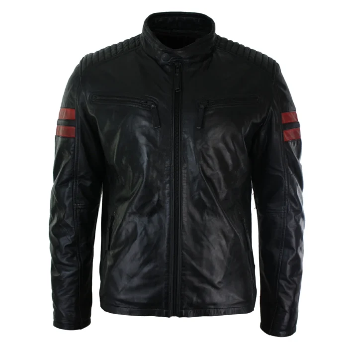 Mens Real Leather Biker Racing Jacket Red Stripes Zip Retro Casual Black Short - Image 1