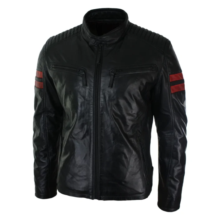 Mens Real Leather Biker Racing Jacket Red Stripes Zip Retro Casual Black Short - Image 3