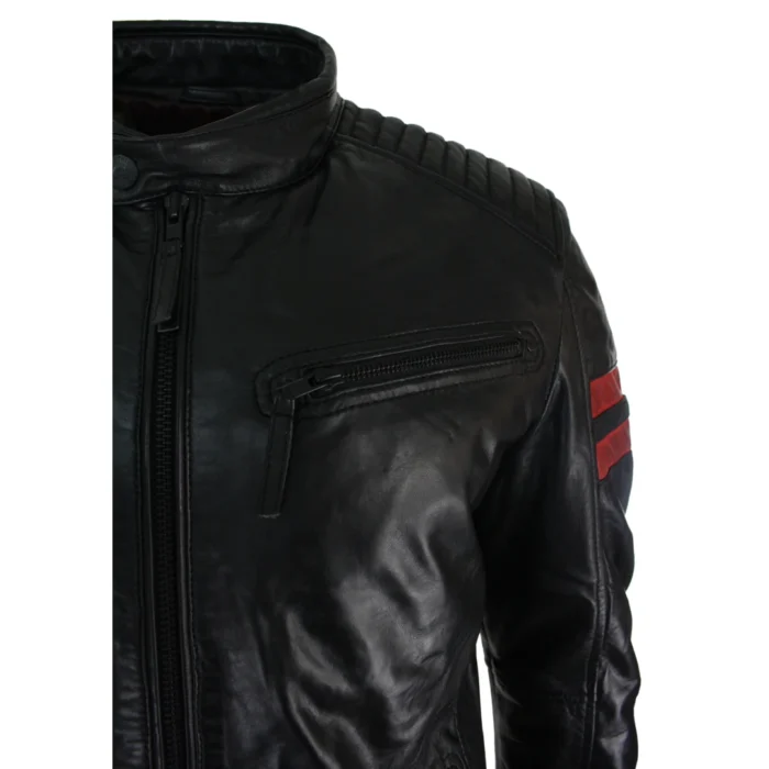 Mens Real Leather Biker Racing Jacket Red Stripes Zip Retro Casual Black Short - Image 4