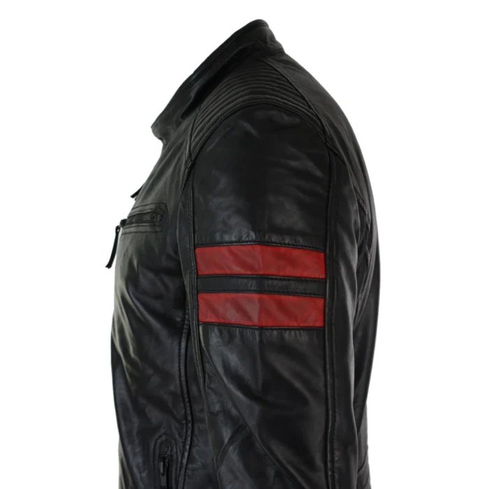 Mens Real Leather Biker Racing Jacket Red Stripes Zip Retro Casual Black Short - Image 5