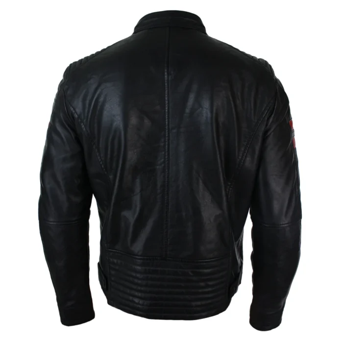 Mens Real Leather Biker Racing Jacket Red Stripes Zip Retro Casual Black Short - Image 6