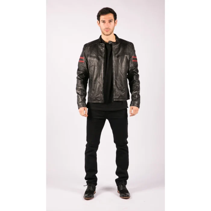 Mens Real Leather Biker Racing Jacket Red Stripes Zip Retro Casual Black Short - Image 7