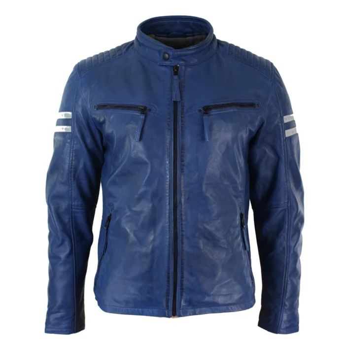 Mens Real Leather Biker Racing Jacket Red Stripes Zip Retro Casual Black Short - Image 8