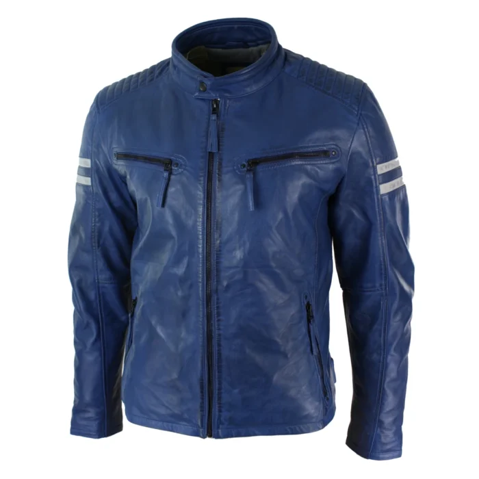 Mens Real Leather Biker Racing Jacket Red Stripes Zip Retro Casual Black Short - Image 13