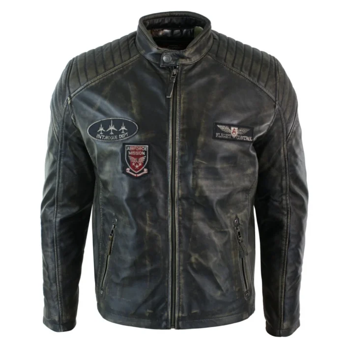 Mens Real Leather Washed Biker Airforce Jacket Distressed Casual Fit Retro Vintage - Image 1