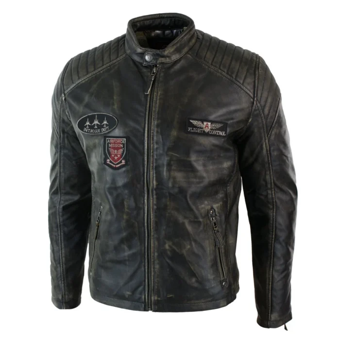 Mens Real Leather Washed Biker Airforce Jacket Distressed Casual Fit Retro Vintage - Image 3